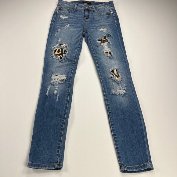 Judy Blue Mid Rise Skinny Fit Distressed Jeans Leopard Insets 8265MD Size 5/27 - Picture 3 of 14